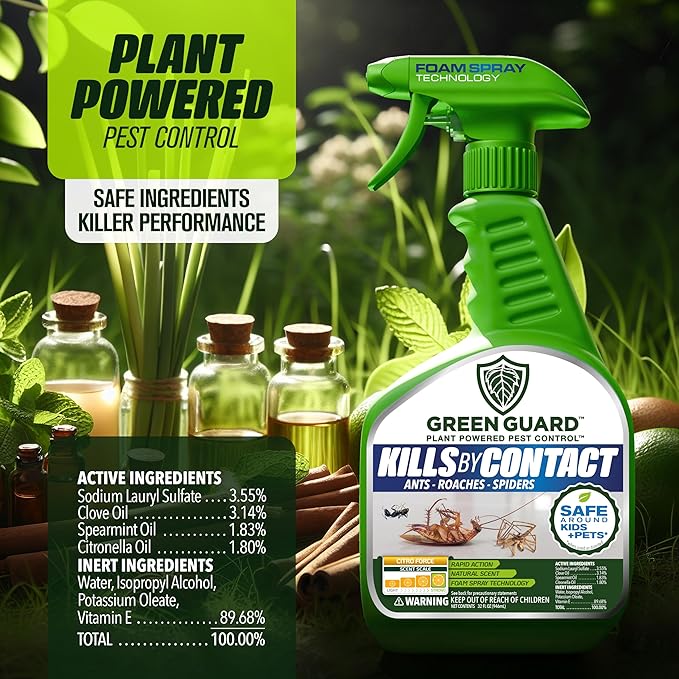 Green Guard Pest Control Spray - Indoor & Outdoor Killer of Ants, Roaches, Spiders & Other Crawling Insects, Safe Around Children & Pets, Plant-Based, Pleasant Scent (Citro Force, 32oz)