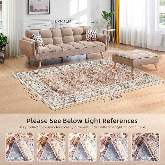 Large 5x8 Area Rugs for Dining Room Machine Washable Rugs Boho 5x8 Rug for Living Room Carpet Non-Slip Family & Pet Friendly Area Rugs Print Floor Rug(Brick Red 5x8ft)