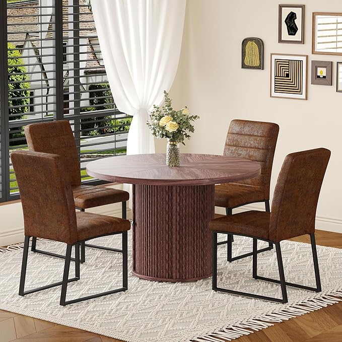 Modern Dining Chairs Set of 4, White Faux Leather Kitchen Chairs, Upholstered Armless Dining Room Chair with Gold Mental Legs Heavy Duty, Comfortable (Brown Chiars, Set of 6)