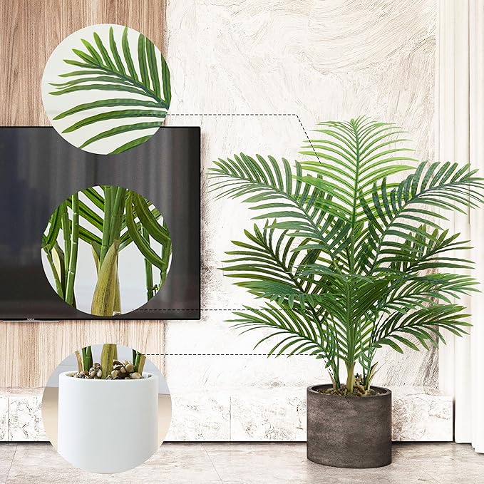 Artificial Palm Tree 3.5FT Tall Fake Tree with White Taper Planter & Pebbles, UV Resistant for Indoor & Outdoor Decor - Large Potted Faux Plant for Living Room, Office, Home Decor