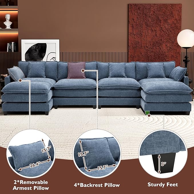 Ihanherry 146" U-Shaped Modern Sofa Modular Sectional Cloud Couch with 2 Ottoman, 6-Seat Chenille Deep Seat Sofa with 6 Pillows for Living Room, Bedroom and Apartment, Blue