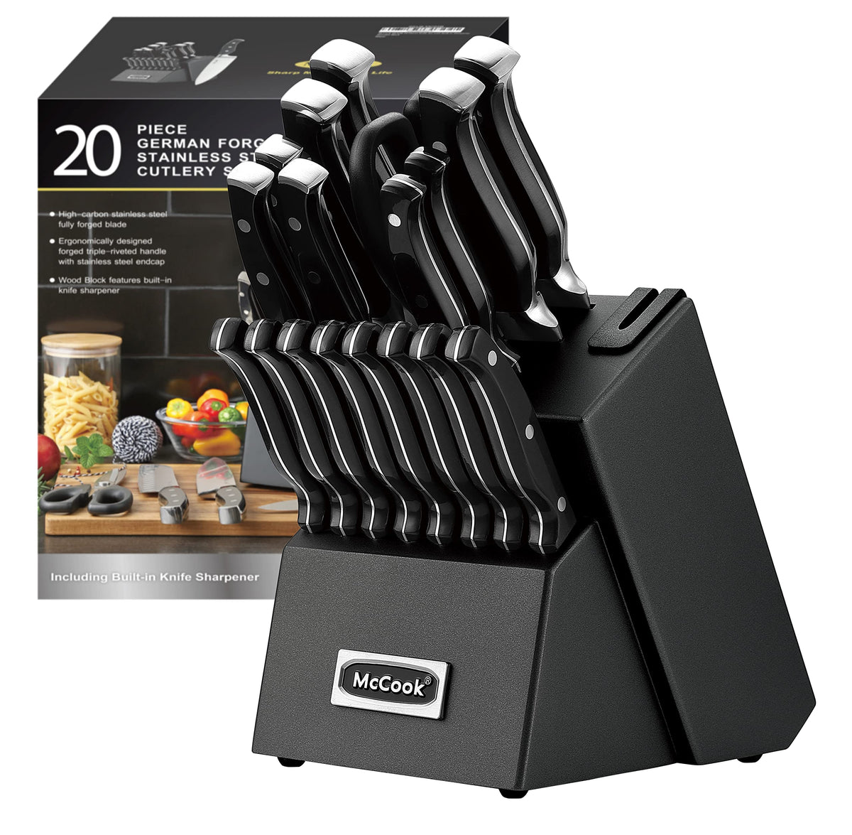 McCook Knife Set Sharp Kitchen Knife Block Set w Built-in Sharpener
