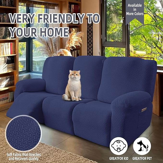 Genina Recliner Sofa Covers - Stretch Reclining Couch Covers with Stripe Jacquard - 3 Seat Cushion Slipcovers with Soft Fabric - Furniture Protector for Pet Kid (Navy Blue)