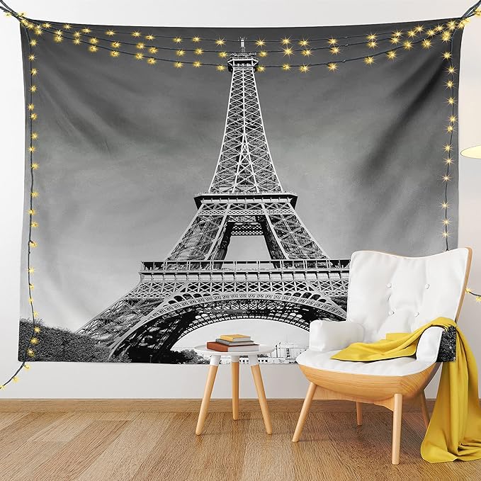 Ambesonne Eiffel Tower Tapestry Twin Size, Paris Landmark Monochrome Picture of Cityscape European Urban Famous Place Image, Wall Hanging Bedspread Bed Cover Wall Decor, 68" X 88", Grey