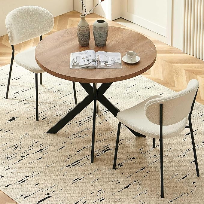 Round Dining Table Set for 2, Modern 3-Piece Kitchen Dining Room Table Set, 37" Round MDF Living Coffee Table with 2 Seated Boucle Dining Chairs Upholstered, Metal Legs for Dining Hall