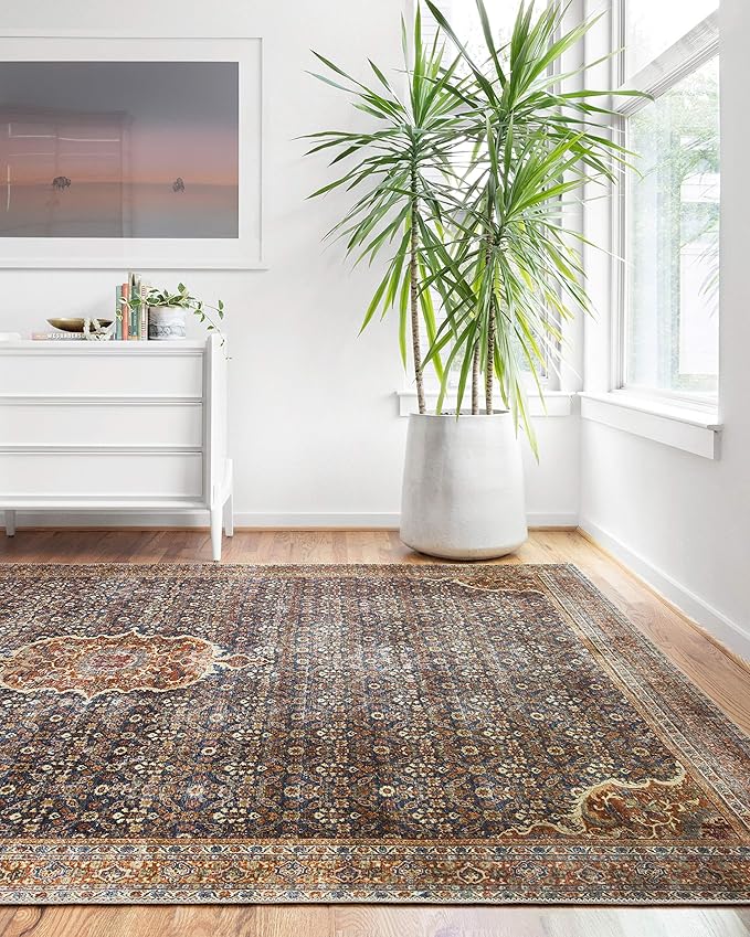 Loloi Layla Collection LAY-09 Cobalt Blue/Spice 3'-6" x 5'-6" .13" Thick Accent Rug, Soft, Durable, Vintage Inspired, Distressed, Low Pile, Non-Shedding, Easy Clean, Printed, Living Room Rug