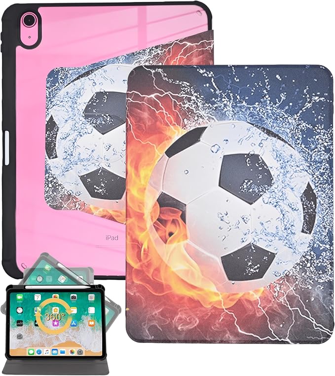 Rotating Case for iPad (A16) 11th/10th Generation 10.9'' inch 2025/2022 Soft TPU Back Cover Bump Drop Resistance Built-in Pencil Holder Adjustable Stand Auto Wake/Sleep Soccer Ball