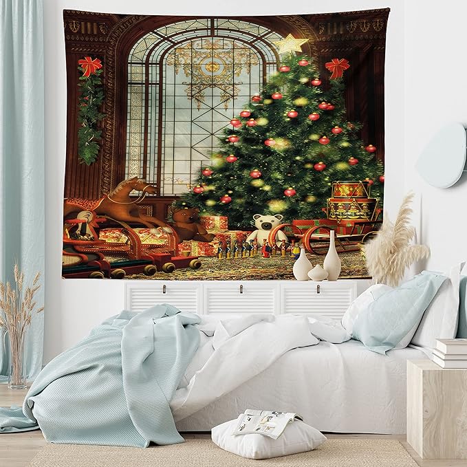 Ambesonne Christmas Tapestry King Size, Vintage Ambiance Big Old Fashioned Window Xmas Tree Various Presents, Wall Hanging Bedspread Bed Cover Wall Decor, King Size, Brown Red Green