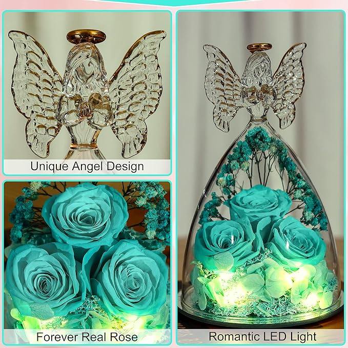 Ocosy Mothers Day Rose Gifts for her, Large Angel Rose Gifts for Women, Forever Real Roses in Angel Figurines, Angel Guardian with Roses Flower, Aqua Blue