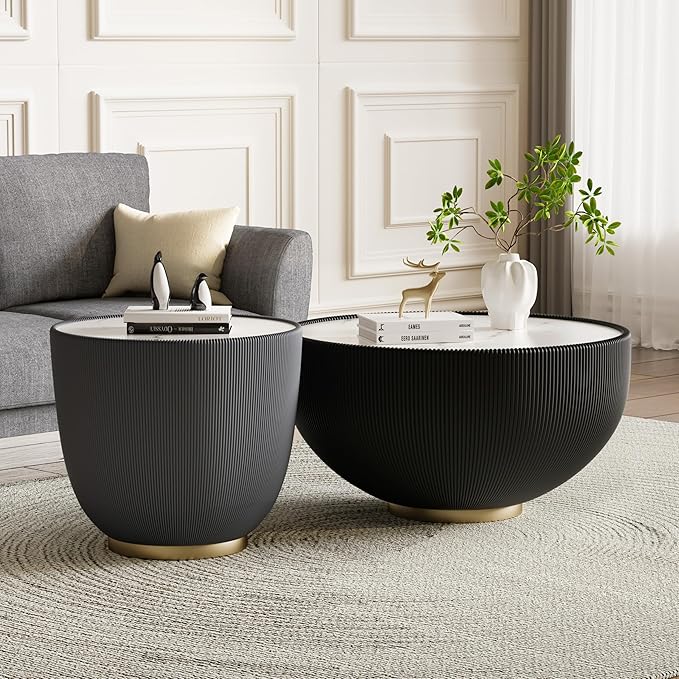 Round Coffee Table Set with Sintered Stone Tabletop, 27.56" Black Drum Center Table and 19.69" Grey Coffee Table Set, 2 Pieces Living Room Table Set with Fluted PU Leather Cover& Metal Base