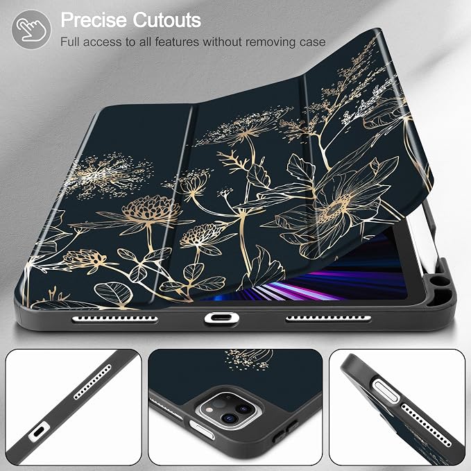 May Chen Case for iPad Pro 11 inch (4th 3rd 2nd &amp 1st Gen) 2022 2021 2020 2018 Trifold Stand + Pencil Holder + Auto Wake/Sleep + Soft TPU Protective Stand Back Cover Abstract Floral