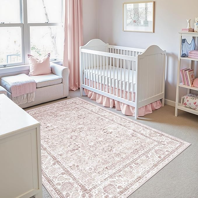 Pink Nursery Rug 5x8 Large Area Rugs for Living Room Vintage Rug Boho Floral Washable Area Rugs Indoor Carpet for Bedroom Dining Room Kids Room