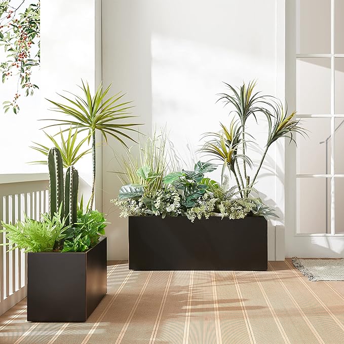 Wallowa Metallic Heavy Long and Large Outdoor/Indoor Planter, Rectangular Trough Planter Box, 38”Lx15”Wx15”H, 40Pounds, Black with Hand Brushed Gold Edge, No Assemble and Seamless