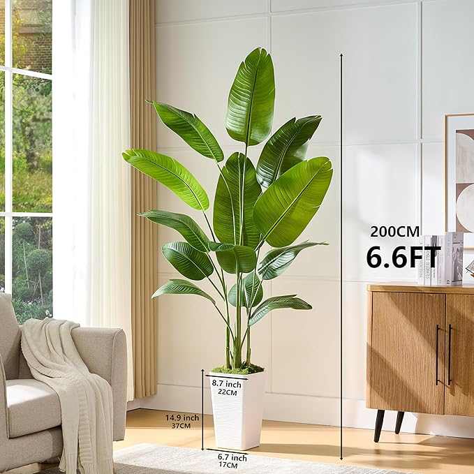 Bird of Paradise Artificial Plant, 6.6FT Faux Plants Indoor Banana Leaf Tree with 13 Leaves, Large Fake Tropical Potted Indoor Silk Floor Plant with White Tall Planter for House,Office,Room,Home Decor