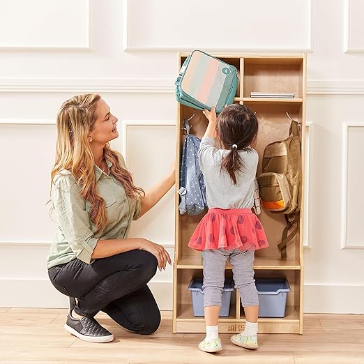 ECR4Kids 2-Section Coat Locker with Bench and Cubby Storage, Classroom Furniture, Natural