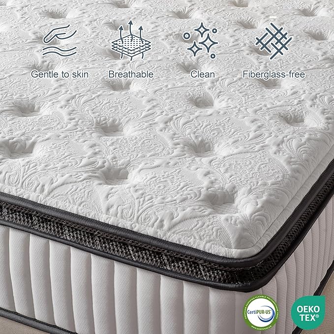 Suiforlun Queen Mattress 12 Inch, Pillow Top Gel Memory Foam Hybrid Mattress with Luxury 7 Layers, Zone Pocket Coils Innerspring for Back Pain Relief, Medium Firm, 120 Nights Trial