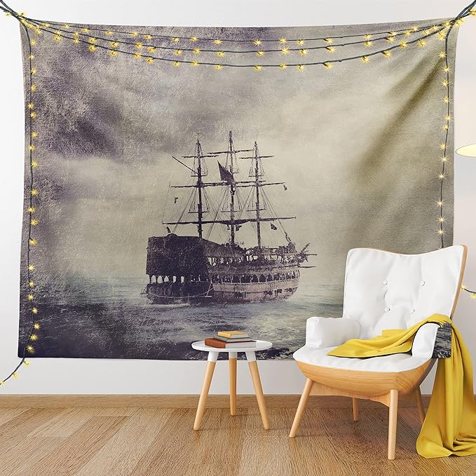 Ambesonne Nautical Tapestry, Old Pirate Ship in the Sea Historical Cruise Retro Voyage Grunge Style Art, Fabric Wall Hanging Decor for Bedroom Living Room Dorm, 23" X 28", Tan Plum