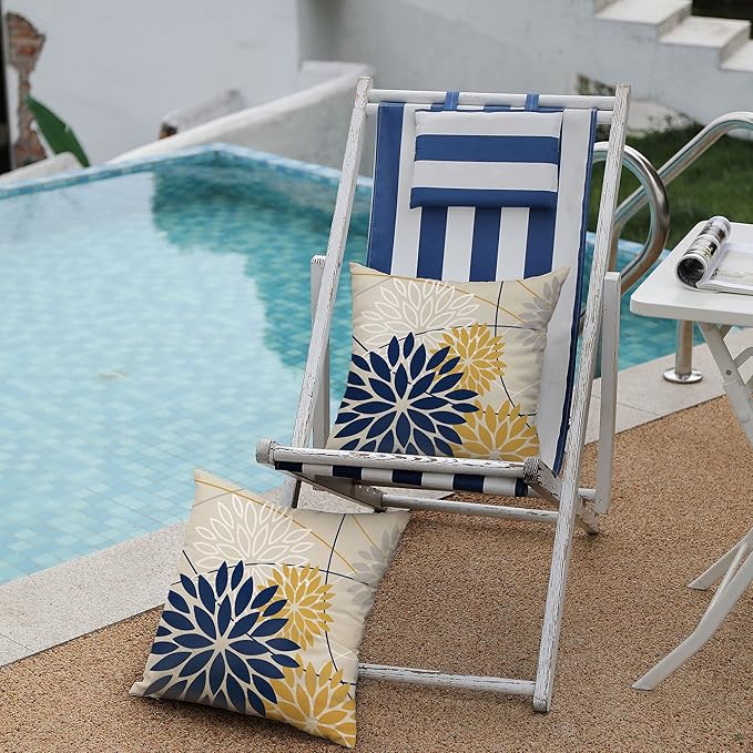 Outdoor Pillow Covers 16x16 Inch Set of 2 Navy Blue Yellow Outdoor Waterproof Decorative Throw Pillows Summer Spring Decor for Home Patio Funiture Garden Living Room Polyester Cushion Covers 01G16