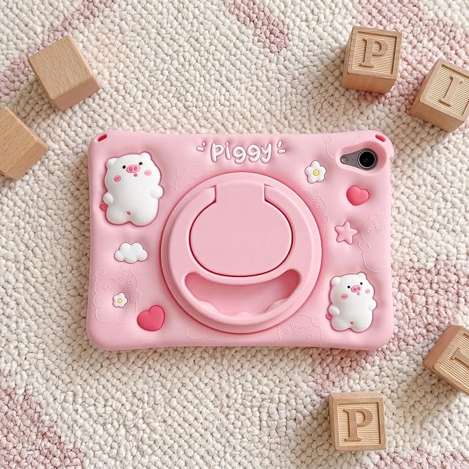Case for iPad A16 11th / 10th Gen 10.9-Inch 3D Pig Cartoon | Cute Kawaii Cover with 360° Rotating Kickstand &amp Shoulder Strap Soft Silicone Shockproof Protective Case Pink
