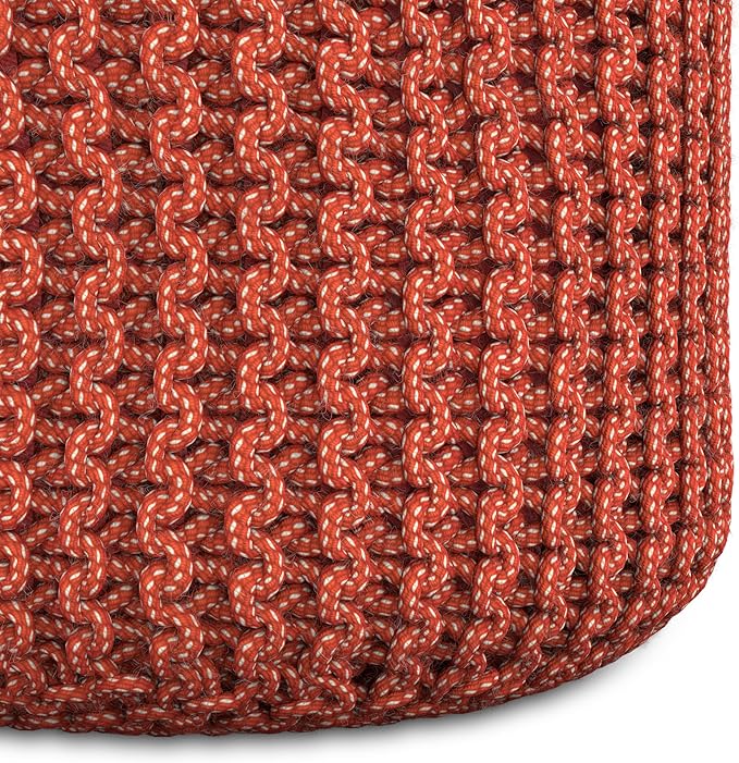 SIMPLIHOME Wynne Round Knitted Pouf - 18 inch Wide Upholstered PET Polyester Ottoman in Orange, Indoor/Outdoor Boho Footstool or Extra Seating for Living Room with Polystyrene Bead Filling, Assembled
