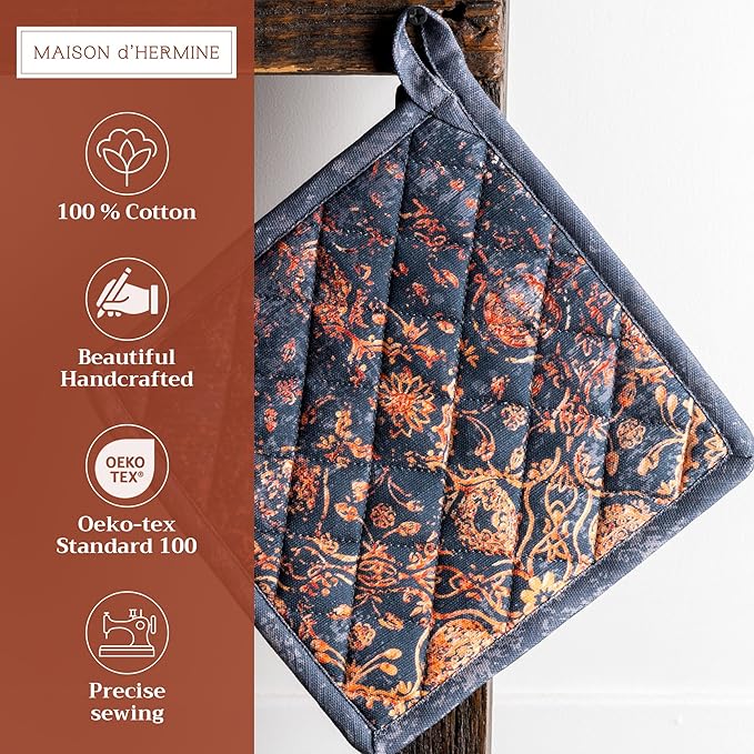 Maison d' Hermine Pot Holders Set 100% Cotton Heat Resistant Potholders 8" x 8" Hot Pads with Loop for Thanksgiving Christmas Decorations BBQ Cooking Baking Handling Hot Pans (Pack of 2, Imperfection)