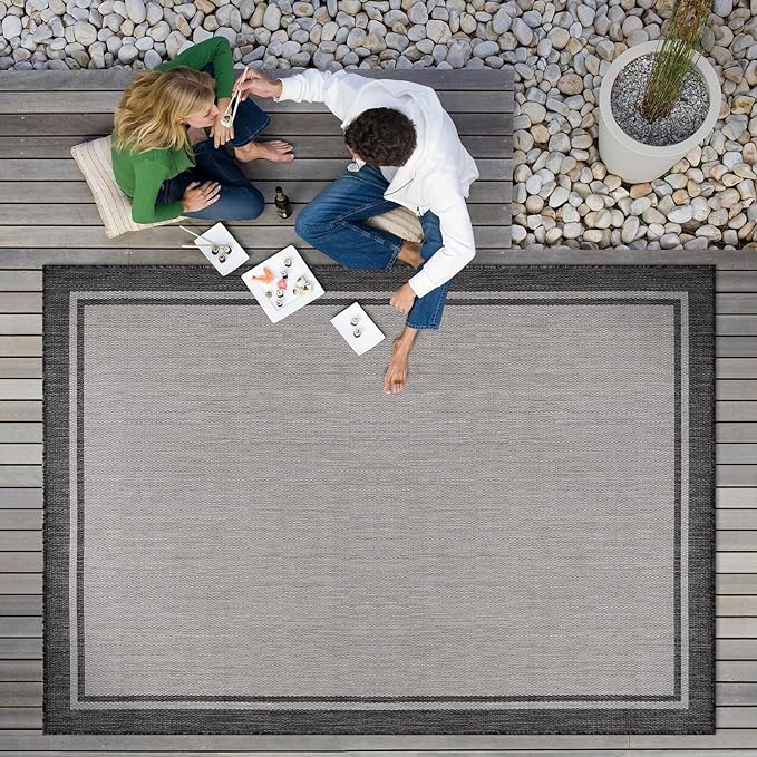 CAMILSON Indoor Outdoor Rug, 8x10 Bordered Gray Modern Area Rugs for Indoor and Outdoor Patios, Kitchen and Hallway Mats, Washable Porch Deck Outside Carpet (Bordered Grey, 8 x 10)