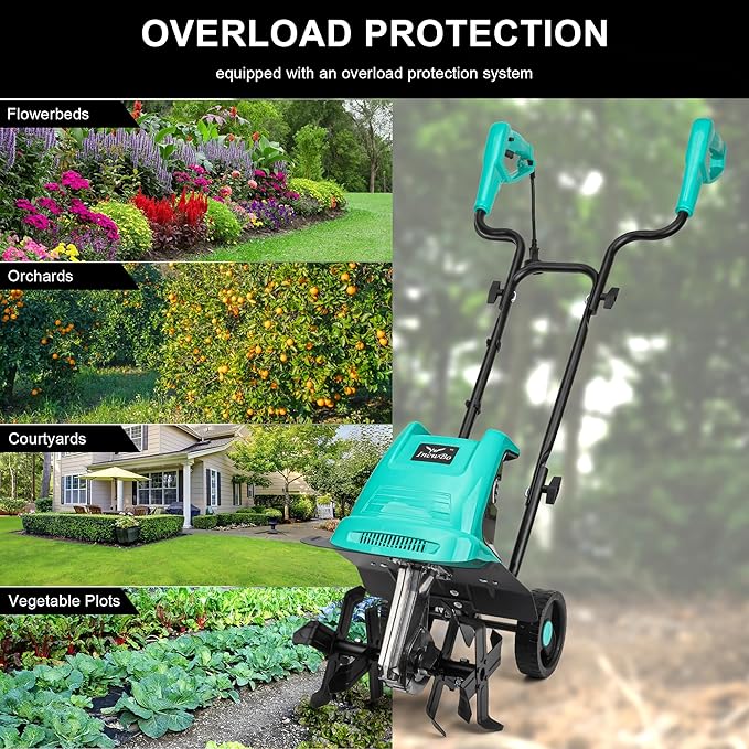 13.5 Amp 12 Inch Electric Tiller/Cultivator with 4 Steel Tines, 8'' Tilling Depth Small Garden Tiller for Gardening, Corded Rototiller with Adjustable Wheels