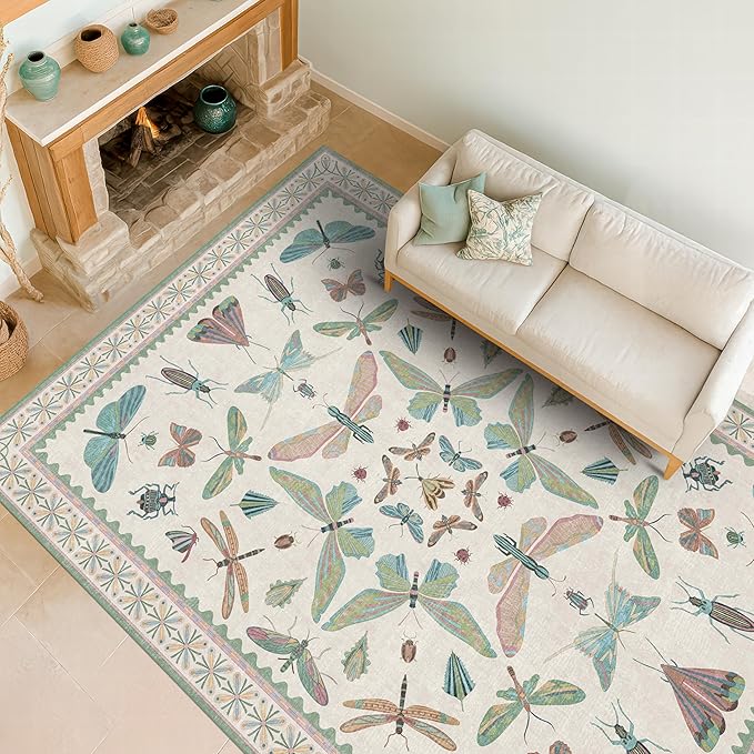 Green and Blue Nursery Rug 5x8 - Washable Soft Area Rugs for Bedroom Under Bed, Living Room, Vintage Floral Butterfly Fun Indoor Floor Decor