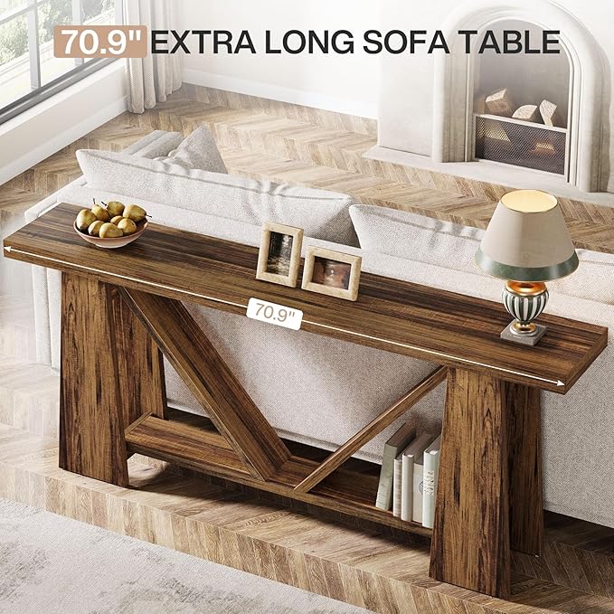 Tribesigns 70.9-Inch Long Console Table, Farmhouse Entryway Table with Storage, Narrow Sofa Console Behind Couch with 4 Stable Bases for Living Room, Entrance, Hallway (Rustic Brown)
