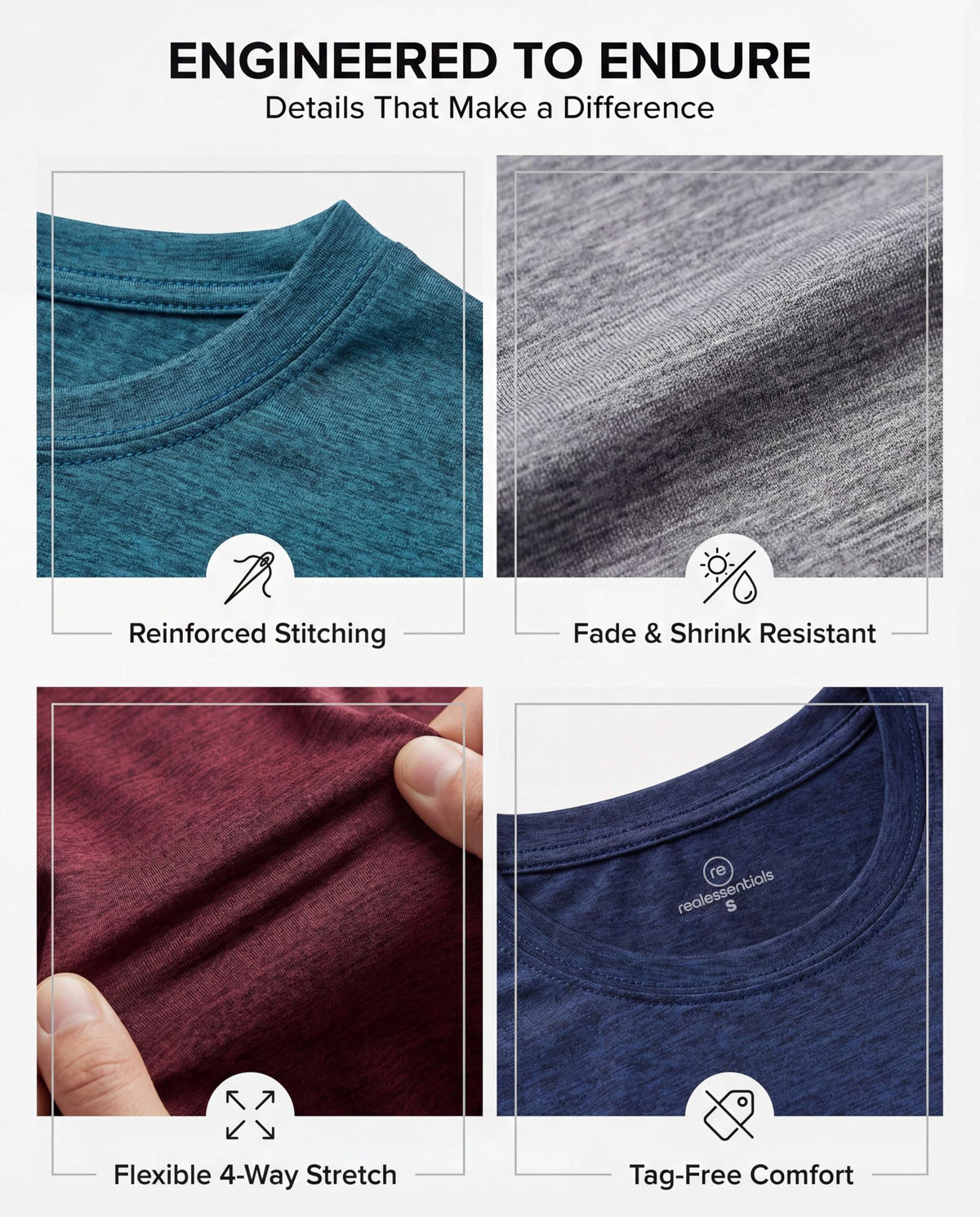 Real Essentials 5 Pack: Men's Dry-Fit Short Sleeve Crew Neck T Shirts Fitness Running Gym Workout Cool Exercise Athletic Tee, Set 5, Large