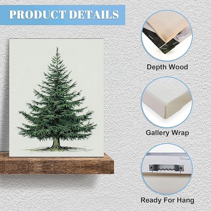 Framed Christmas Pictures Wall Decor,Vintage Pine Tree Prints,Winter Christmas Canvas Wall Art Decoration for Bedroom Bathroom Living Room Rustic Xmas Holiday Gifts (Christmas Tree 5, 11'' X 14'')