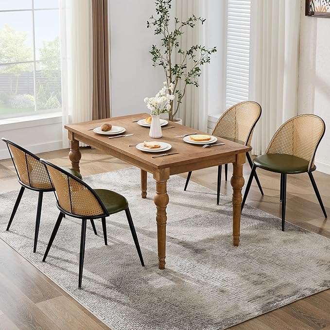 TYBOATLE Rattan Dinner Chairs Set of 4 with Faux Leather Cushion, Modern Dining Room Chairs w/Adjustable Foot Pads, Kitchen Boho Mid Century Upholstered, Green