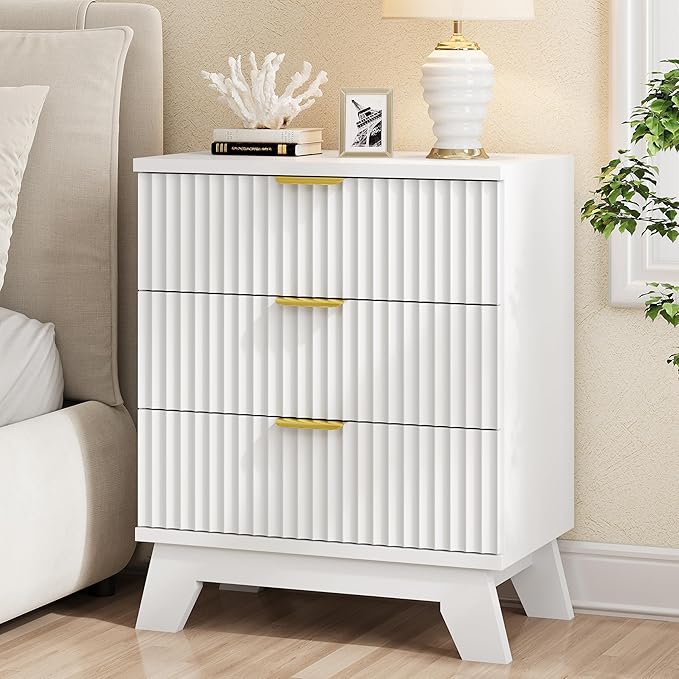 Fluted Nightstand, 24" Wide Side Table with 3 Large Storage Drawers, Mid Century Modern Wood Night Stand with Metal Handle, Wooden Bedside End Table for Bedroom, Living Room, Closet, White