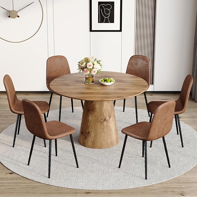 Round Dining Table Set for 6,45'' Farmhouse Dining Room Table Set for 6 with Suede Chairs,1" Thick Wood Pattern Tabletop with Conical Base,7 Pieces Kitchen Table Set for Dining Room,Apartment