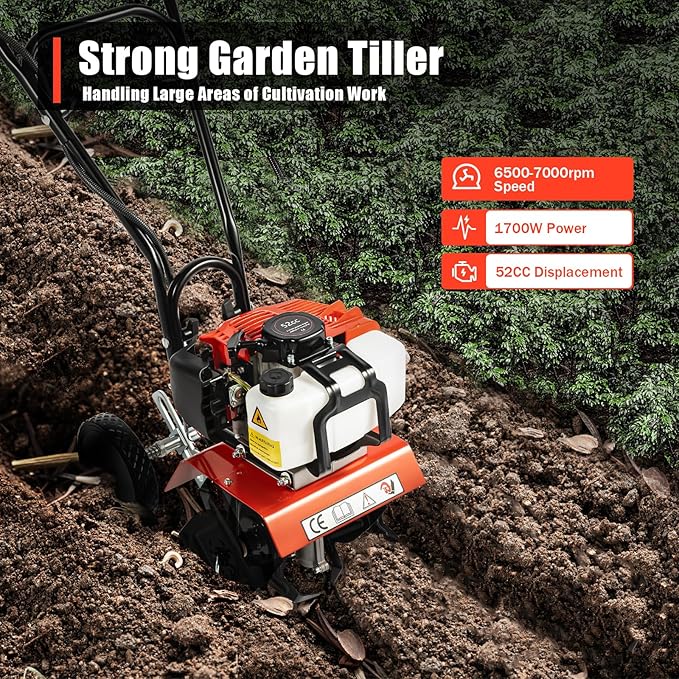 Tiller Cultivator Gas Powered, 52Cc 2 Stroke Garden Cultivator Commercial Tiller Gas Powered Tiller Soil Cultivator with Adjustable Wheels for Plowing Turning Soil Ditching 1700W 6500Rpm