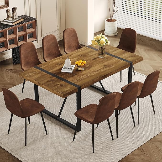 Rustic 9 Piece Dining Room Table Set for 8 People, Mid Century Modern 71 Inch Rectangle Wood Kitchen Dining Table with 8 Fabric Chairs Set, Suitable for Kitchen Dining Room Apartment
