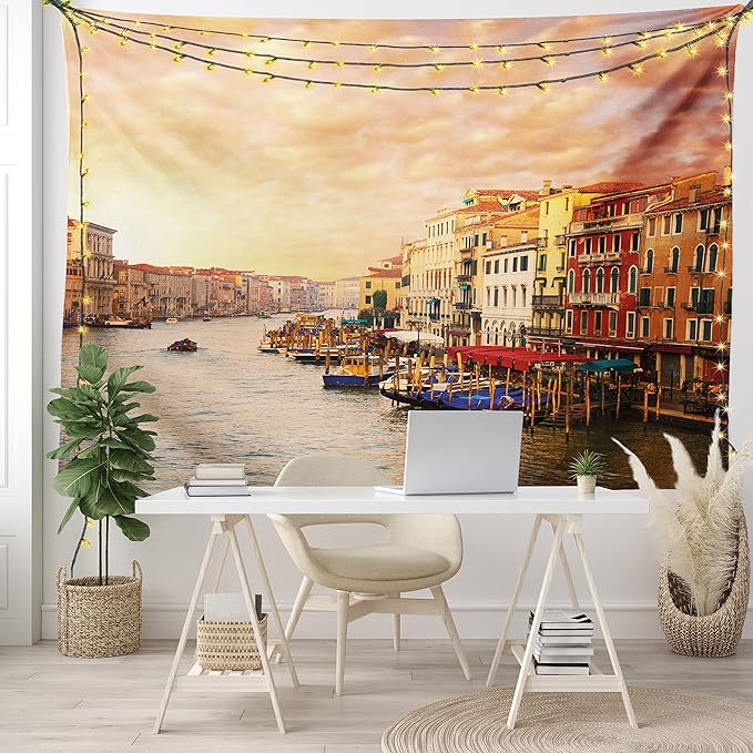 Ambesonne Scenery Tapestry, Venezia City Italian Landscape with Old Houses Gondollas and Spikes Image, Fabric Wall Hanging Decor for Bedroom Living Room Dorm, 28" X 23", Orange Yellow