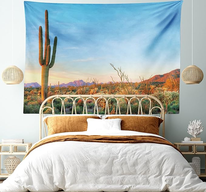 Ambesonne Saguaro Tapestry King Size, Sun Goes down in Desert Prickly Pear Cactus Southwest Texas National Park, Wall Hanging Bedspread Bed Cover Wall Decor, 104" X 88", Orange and Blue