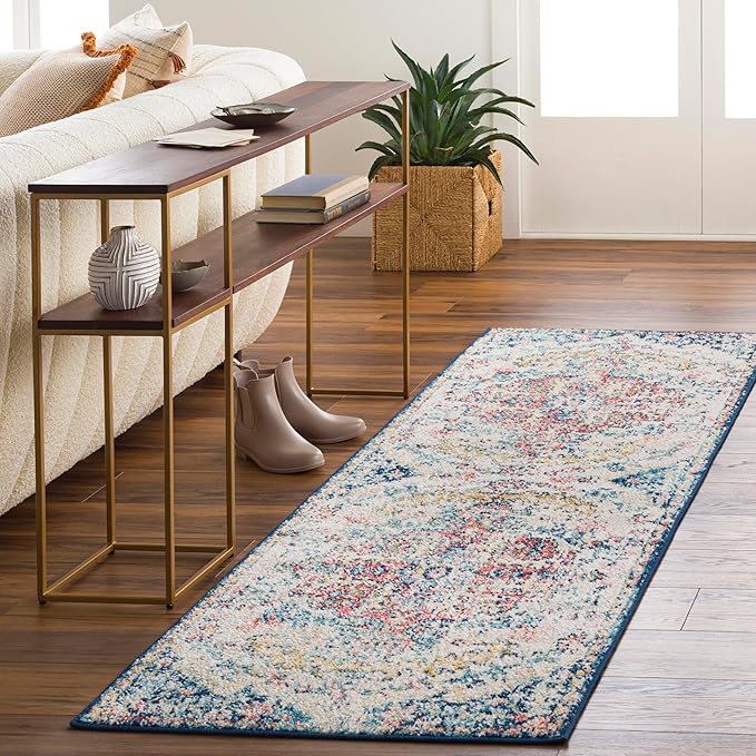 Livabliss Area Rugs - 3x10 Odelia Vintage Boho Aqua Burgandy Blue Runner Area Rug for Living Room Bedroom - Floral Medallion Stain Resistant Carpet for Kitchen, Nursery, Office (2'7" x 10', Runner)