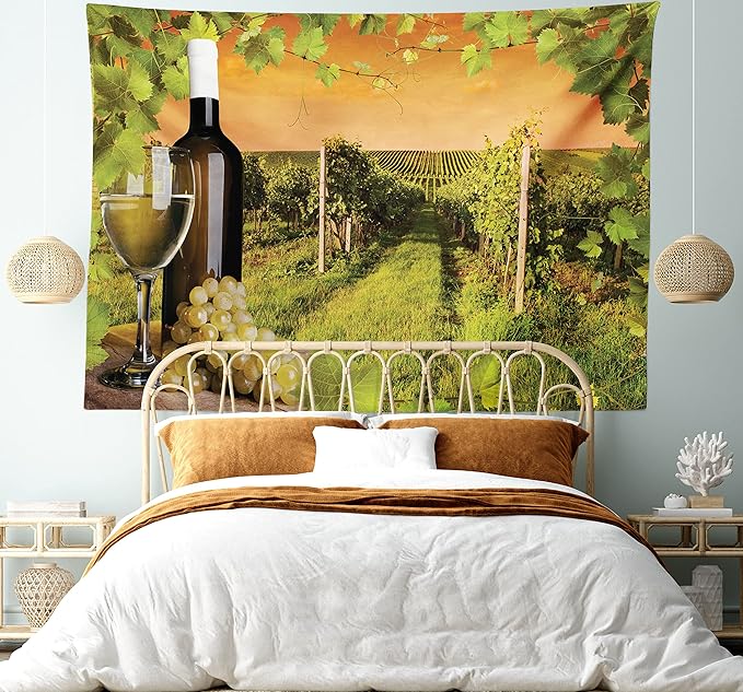 Ambesonne Winery Tapestry King Size, Bottle and Glass of Wine and Vineyards of Sunset Countryside Romantic Evening View, Wall Hanging Bedspread Bed Cover Wall Decor, 104" X 88", Orange Green