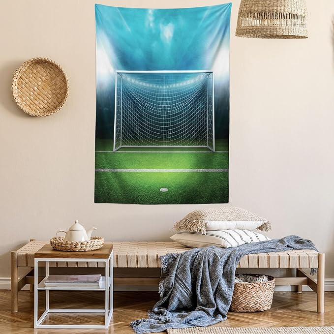 Ambesonne Soccer Tapestry, Soccer Goal Post Sports Area Winner Loser Line Floodlit Best Team Finals Game Theme, Fabric Wall Hanging Decor for Bedroom Living Room Dorm, 23" X 28", Green and Blue