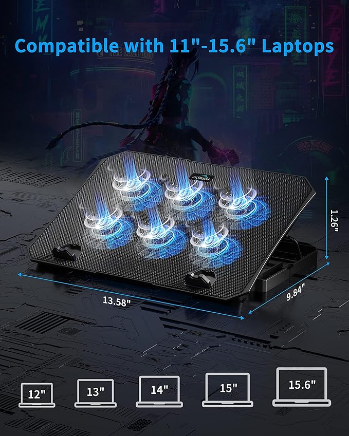 AICHESON Laptop Cooling Pad for 12-15.6 Inch, 6 Cooler Fans with Blue Lights, Laptop Cooling Stand with 2 USB Ports (Blue)