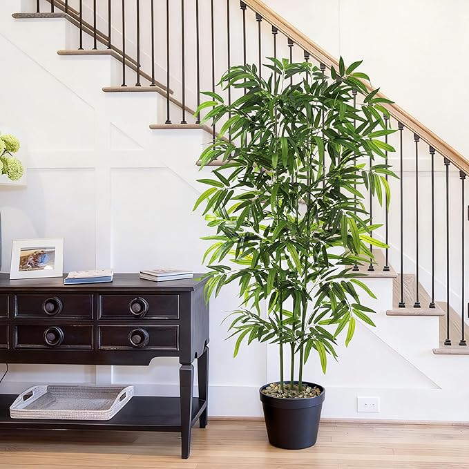 Artificial Tree Fake Plants, Artificial Bamboo Tree 5FT Tall in Black Potted, Artificial Tree Indoor Decor Bamboo Silk Tree with Natural Wood Trunk, for Home Office Living Room Modern