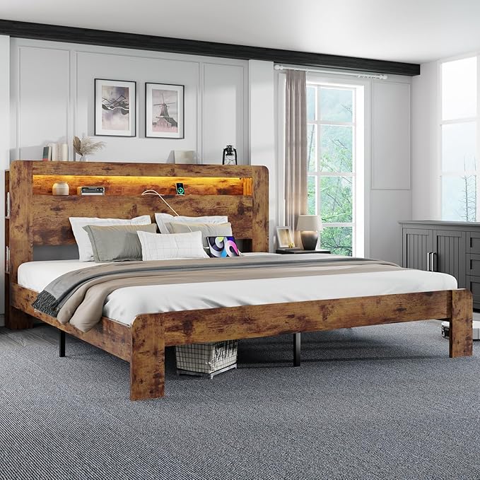 King Size Wooden Bed Frame with Bookcace Storage Headboard, Rustic Farmhouse Bedframe with LED Lights and Charging Station, Sturdy and Stable, Slat Support, No Box Spring Required (Brown, King)