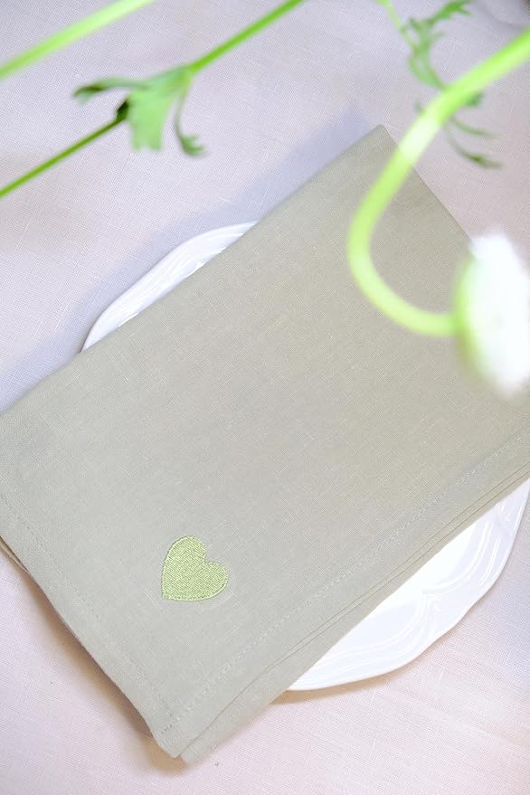 100% Linen Napkins Set of 4 -Sage Green Cloth Dinner Napkins, Embroidered, Washable and Reusable, Elegant Table Decor for Summer Dining, Wedding & Special Occasions, 17.7 x 17.7 Inch
