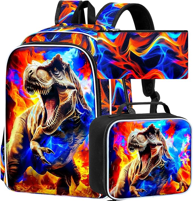 KLFVB 3PCS Boys Bookbag Set, 17" Dinosaur Bookbag and Lunch Box, Water Resistant Teenagers School Backpacks for Middle Elementary - Flame T-Rex
