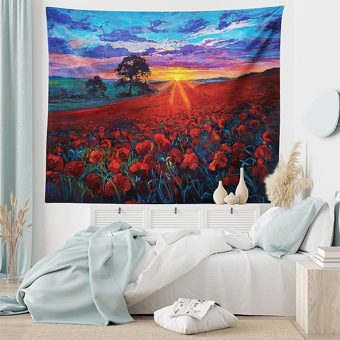 Ambesonne Country Tapestry King Size, Clouds at Sunset Paint Scenery of Poppy Flower Garden on Valley with Horizon, Wall Hanging Bedspread Bed Cover Wall Decor, 104" X 88", Burgundy Deep Sky Blue