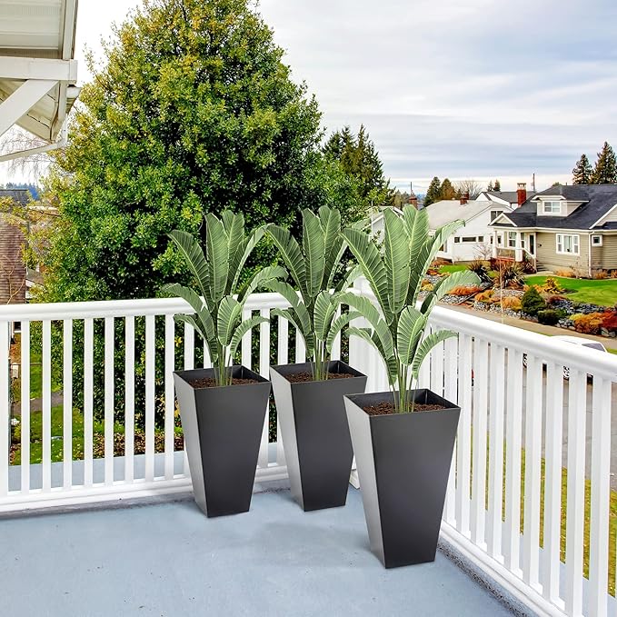 Outsunny Tall Planters for Outdoor Plants Set of 3, 28 in Taper Planters with Drainage Holes, Indoor Grande Plant Pots, Front Porch Decor (Black)