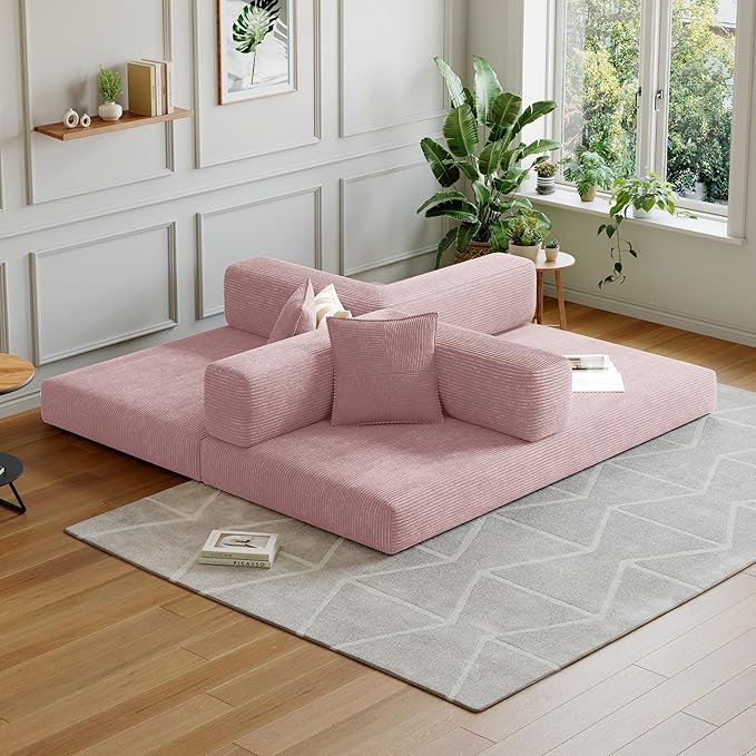 78.8''Convertible Sleeper Sofa Bed,Compressed Floor Boneless Couch,Modular Modern Corduroy Sofa for Living Room Bedroom -with Fixed-Shape Frame and Support Armrest,Easy Assembly(Pink)
