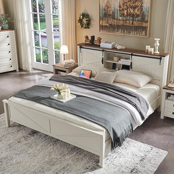 RedLemon Farmhouse King Size Bed Frame with Bookcase Headboard, Sliding Barn Door, Storage Cabinet, Charging Station, Wood Slats Support, No Box Spring Needed